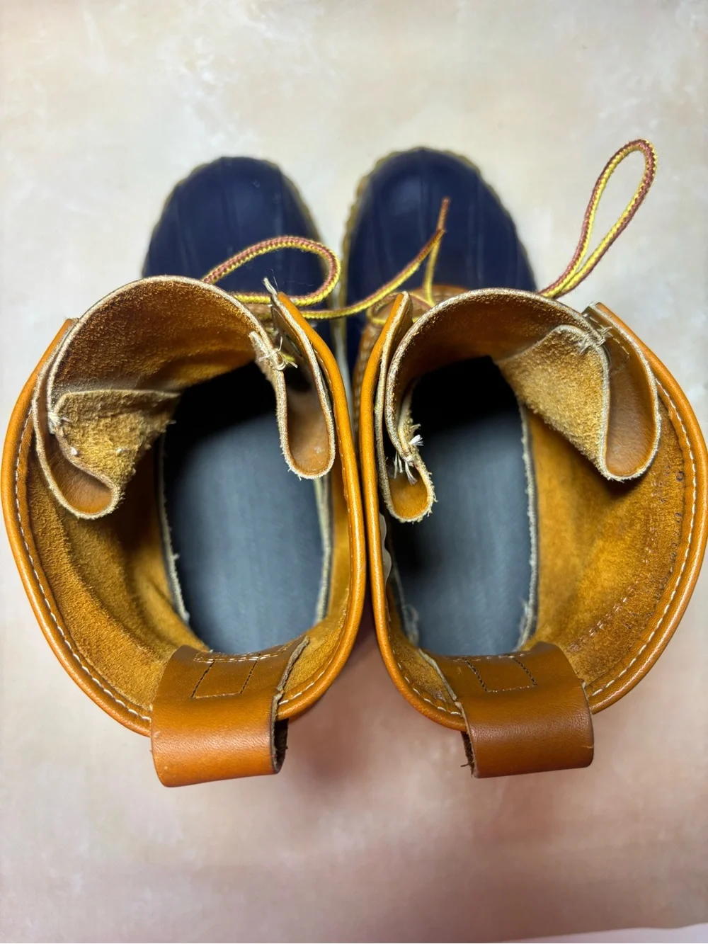 L.L. Bean Women’s Bean Boots, Tan Leather & Navy, waterproof hunting, 9 LM